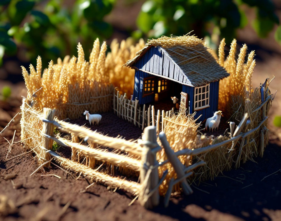 Tiny blue house, straw fencing, and miniature sheep in farm scene.