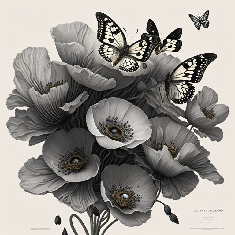 Monochromatic poppy bouquet with butterflies on beige background