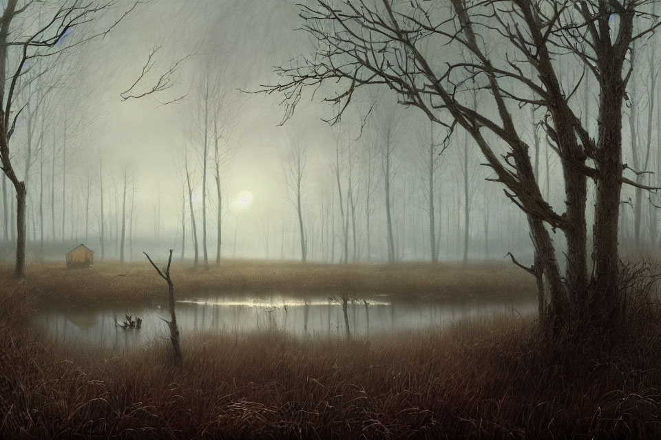 Foggy landscape with pond, trees, grasses, and hut