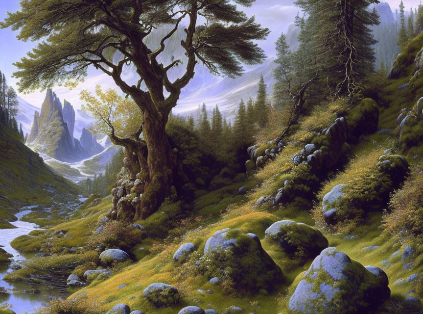 Tranquil forest scene with stream, boulders, and mountains