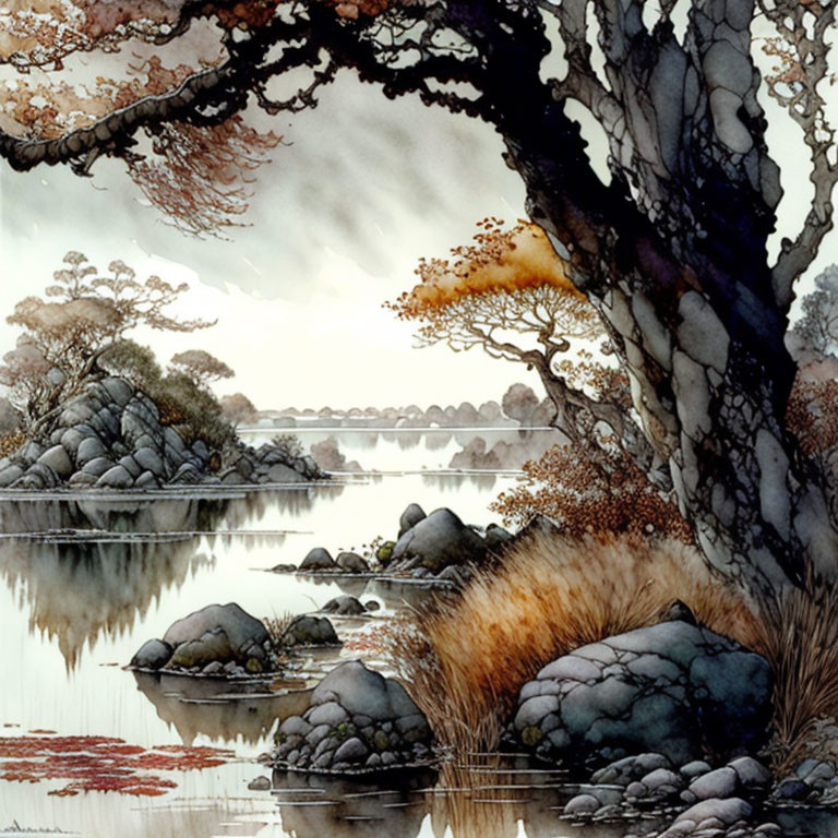 Tranquil watercolor landscape with detailed trees, rocks, and grasses by a calm lake