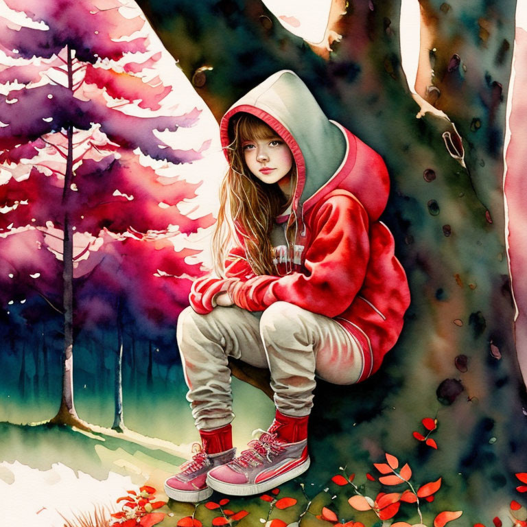 Girl in Red Hoodie Sitting on Tree Branch in Colorful Forest Setting