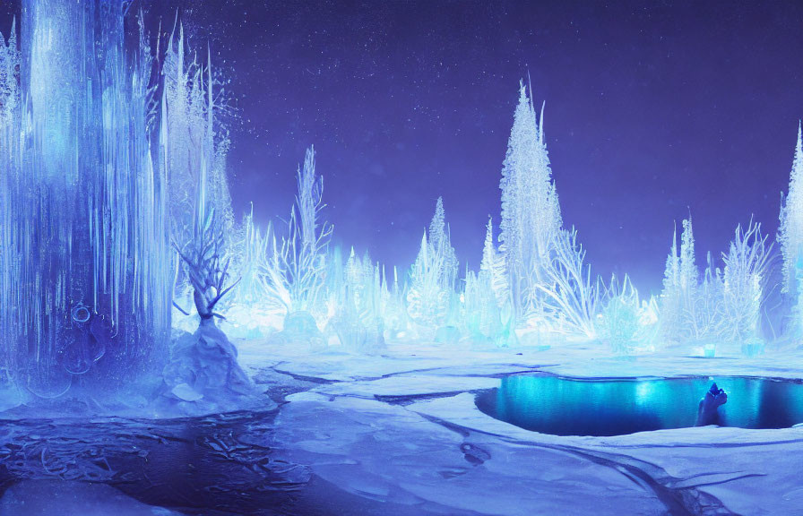 Mystical winter night scene with glowing blue lights, frozen pond, and person by water