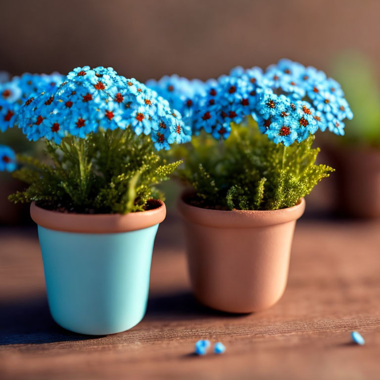 Blue Flowers in Small Pots on Wooden Table