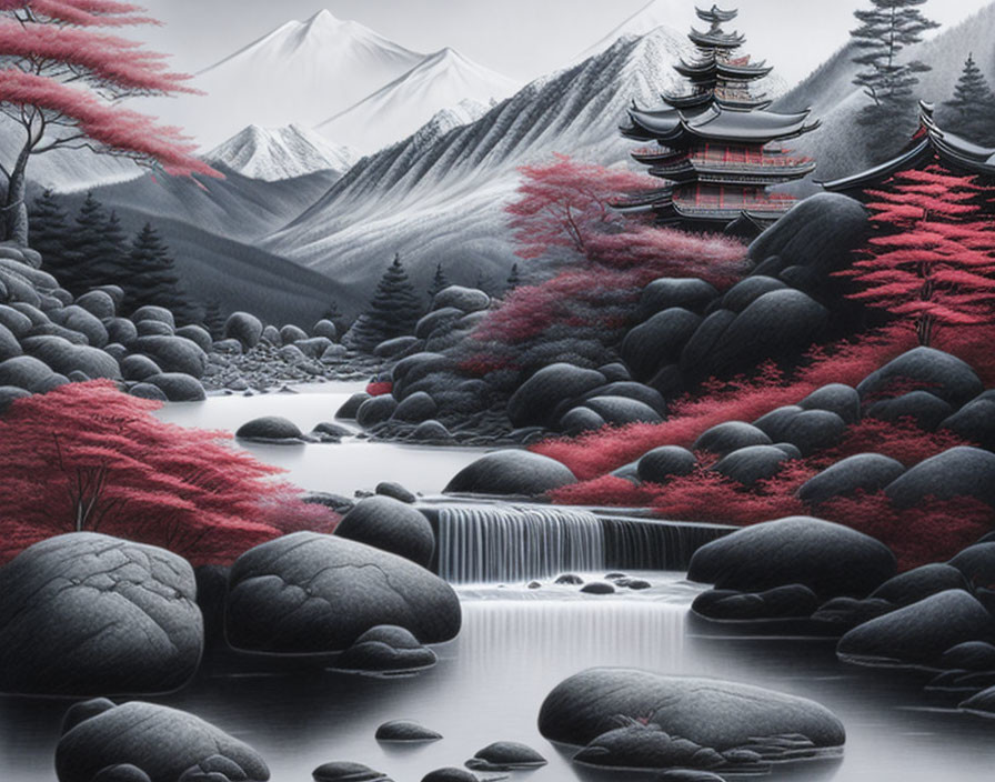 Monochrome Asian landscape with pagoda, red trees, mountains, river