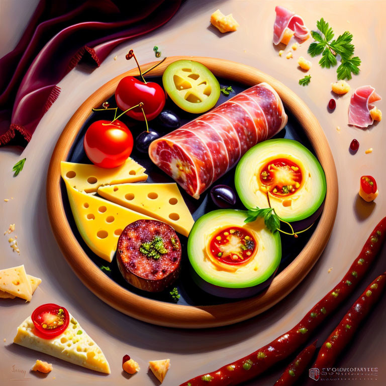 Colorful Charcuterie Board with Cheeses, Meats, and Fruits on Wooden Plate