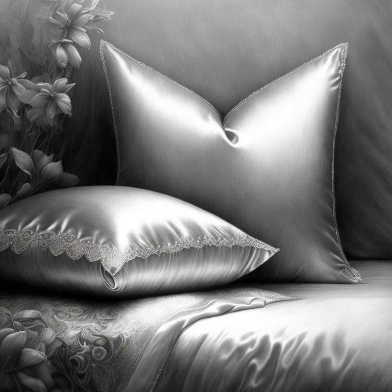 Luxurious Satin Pillows with Lace Details on Floral Patterned Surface