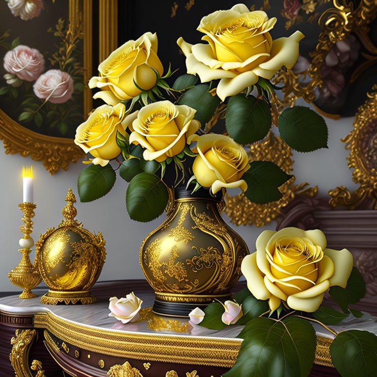 Luxurious display of vibrant yellow roses in a golden vase on classical table