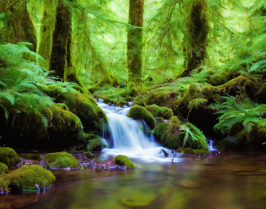 Tranquil forest waterfall surrounded by lush greenery