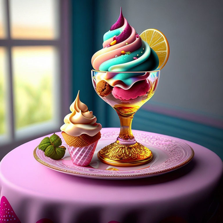 Vibrant pastel ice cream swirl with lemon slice, mini cone, and cookies on pink plate