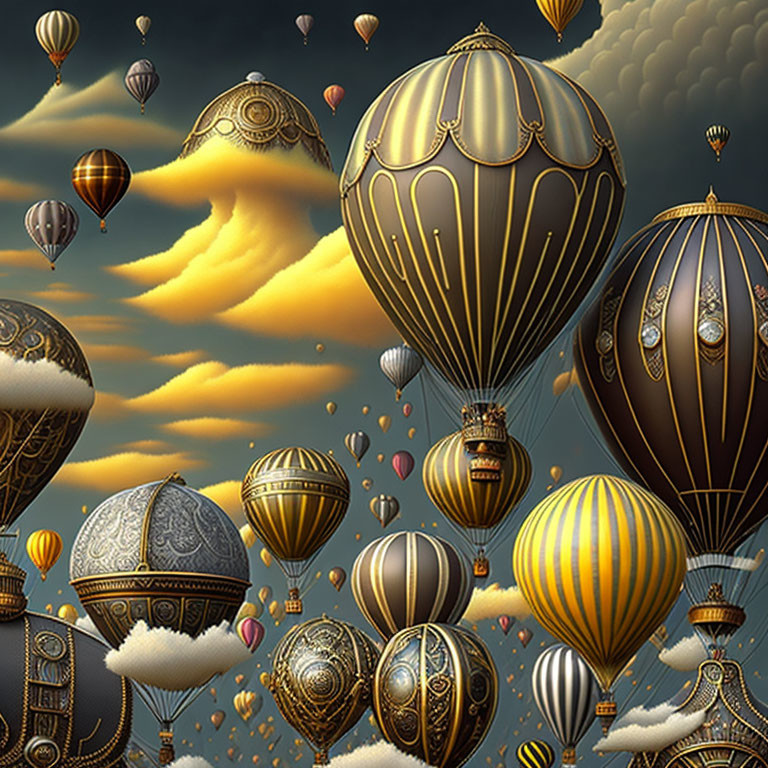 Fantastical hot air balloons in golden dreamlike sky