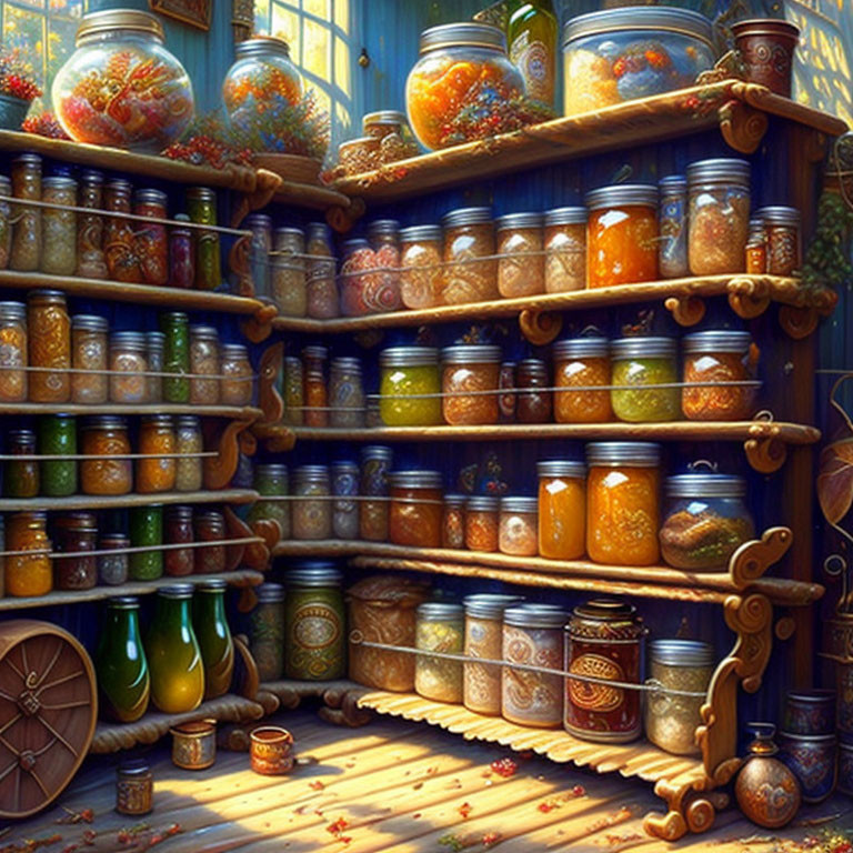 Pantry filled with jars and spices in warm sunlight