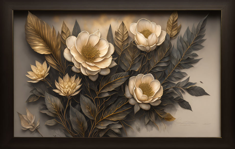 Metallic Floral Art: Gold and White Flowers in Shadowbox Frame