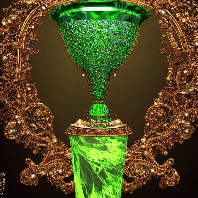 Golden frame encasing intricate green chalice emitting vivid light.