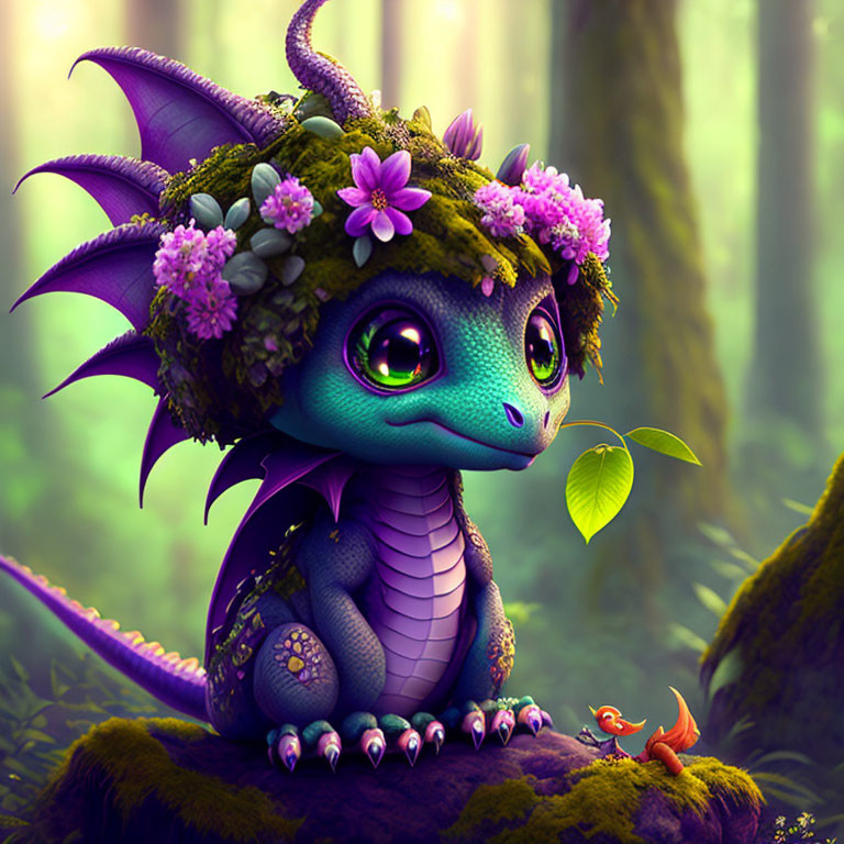 Colorful Illustration: Purple Dragon with Green Eyes in Forest