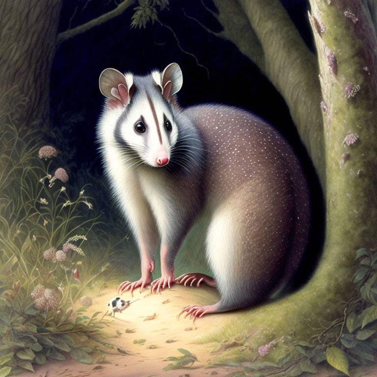 Detailed Digital Illustration: Possum with Large Eyes in Forest Clearing