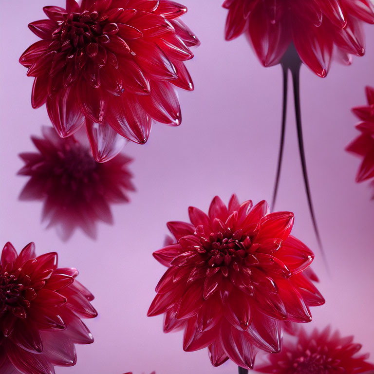 Red Dahlia Flowers Symmetrical Pattern on Pink Background