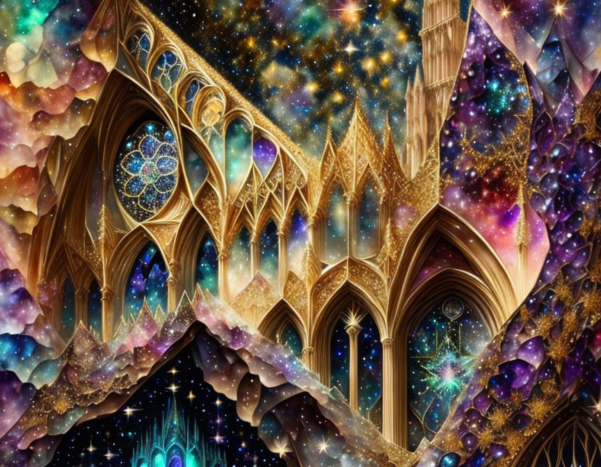 Gothic Cathedral Architecture with Cosmic Background