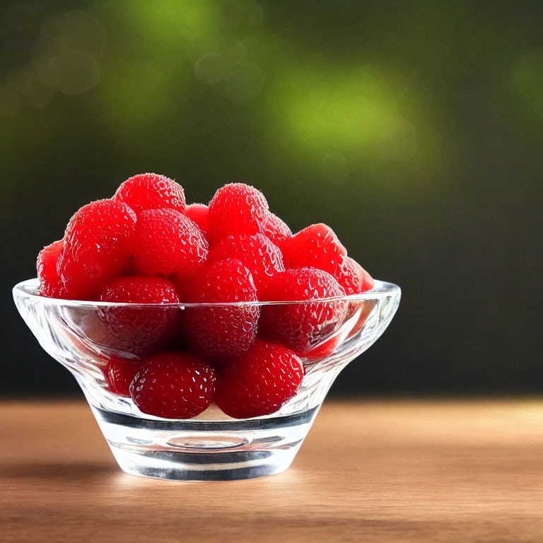 Fresh Ripe Strawberries on Wooden Surface with Blurred Green Background