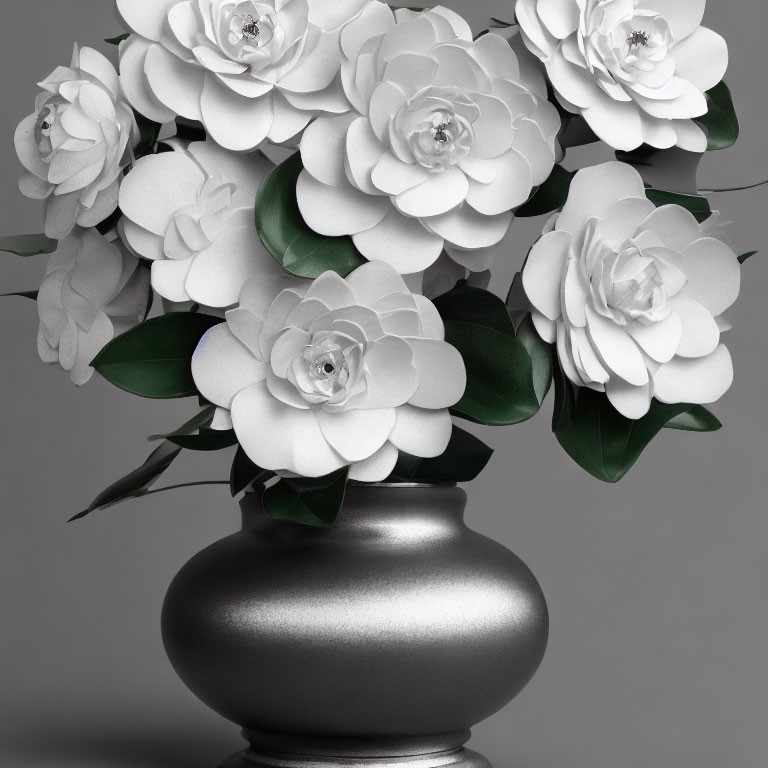 Monochrome artificial camellia flowers in matte black vase on grey background