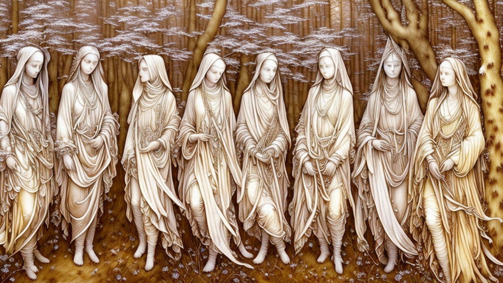 Ethereal robed female figures in golden forest with serene expressions