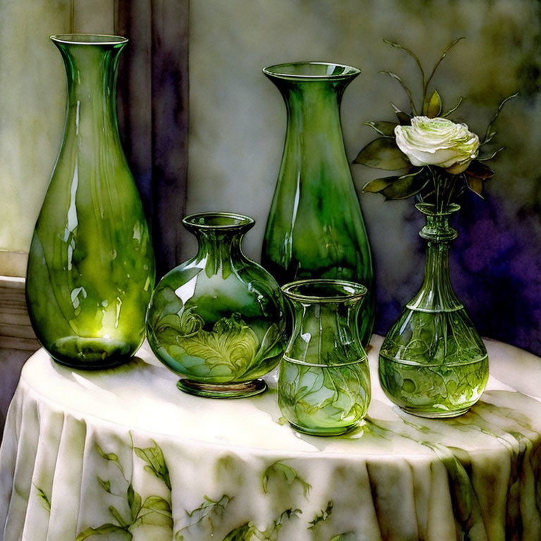 Watercolor painting of green glass vases on draped table with white rose