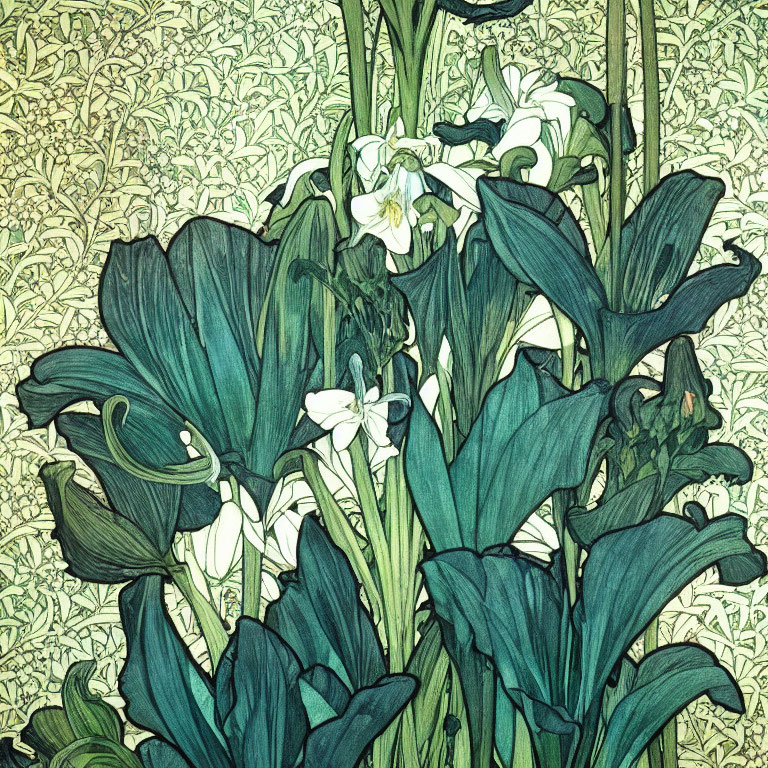 Art Nouveau style illustration of white flowers on green leaves against patterned background