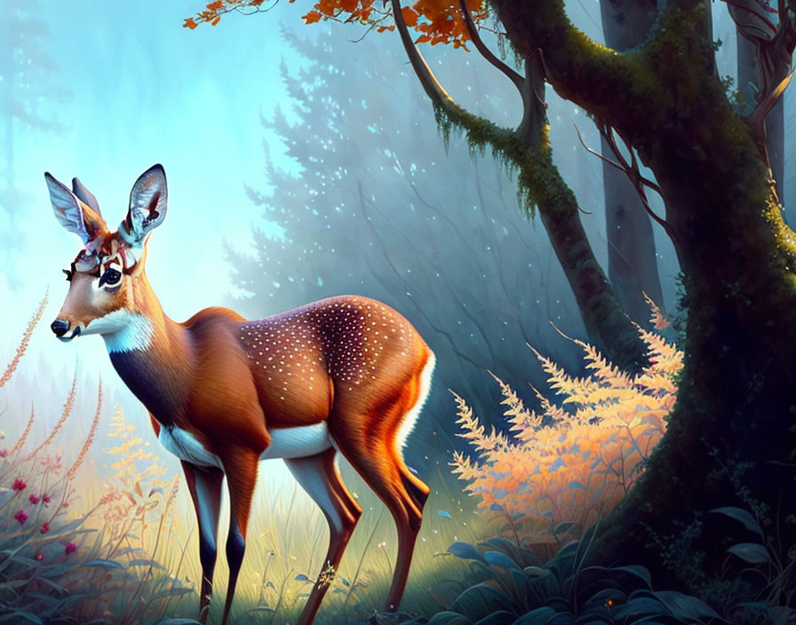 Digital artwork of deer with intricate patterns in vibrant forest