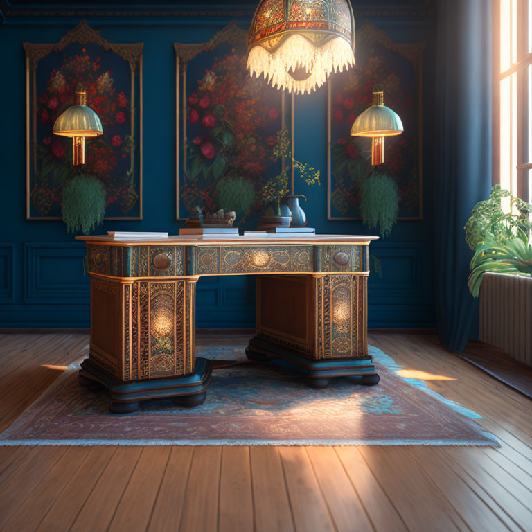 Vintage office decor with ornate desk, ambient lamps, and lush houseplant in a room with blue