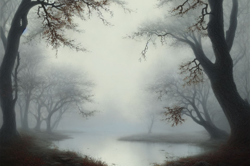 Misty landscape with bare trees reflecting on tranquil river