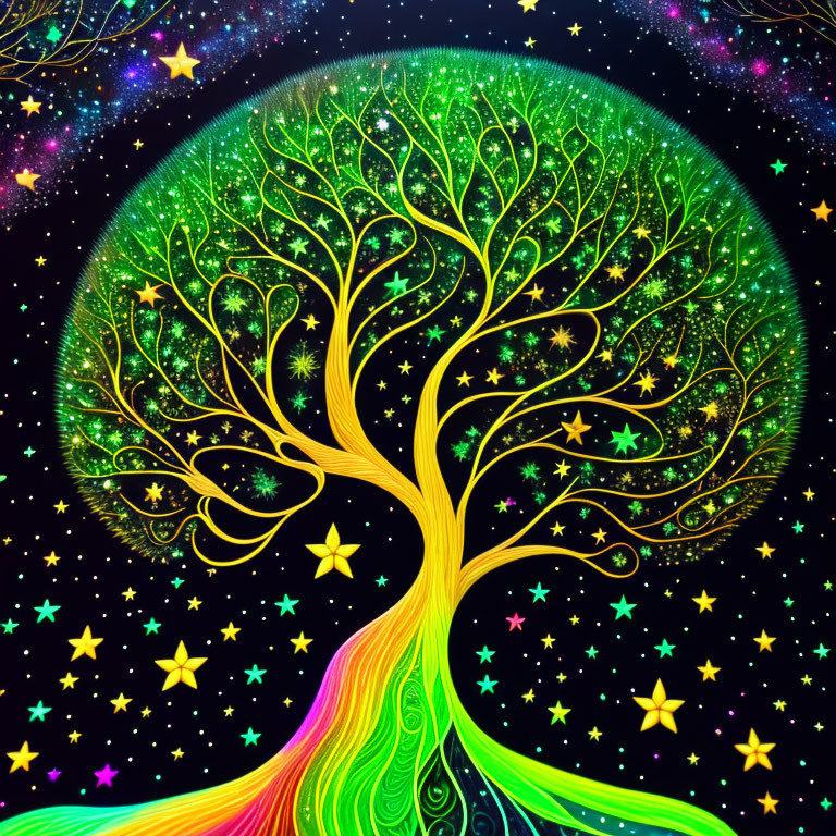 Colorful Whimsical Tree Illustration Under Starry Night Sky