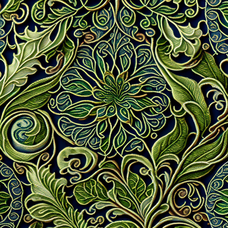 Gold and Green Embroidered Floral Pattern on Dark-Blue Background