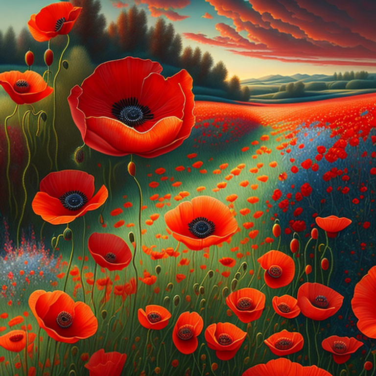 Vibrant red poppies on rolling landscape with dark trees under dusk sky