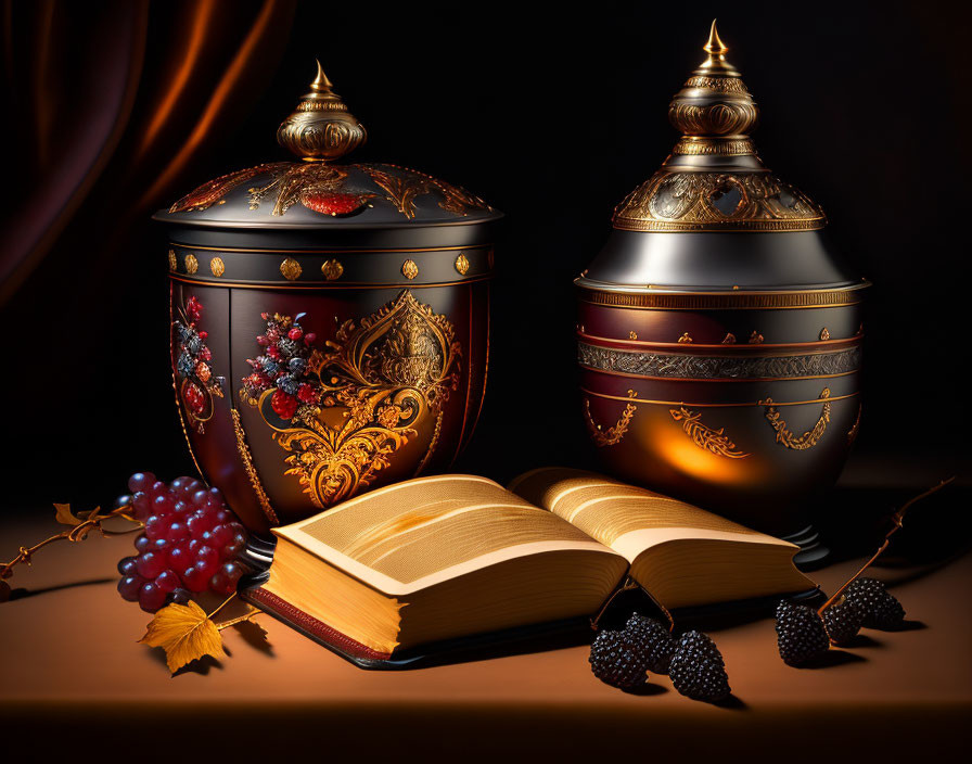 Ornate decorative urns with fruits and book on dark surface