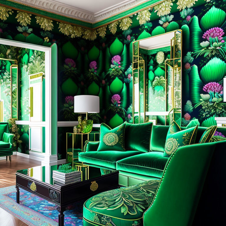 Luxurious Green Botanical Wallpaper Room with Velvet Sofas