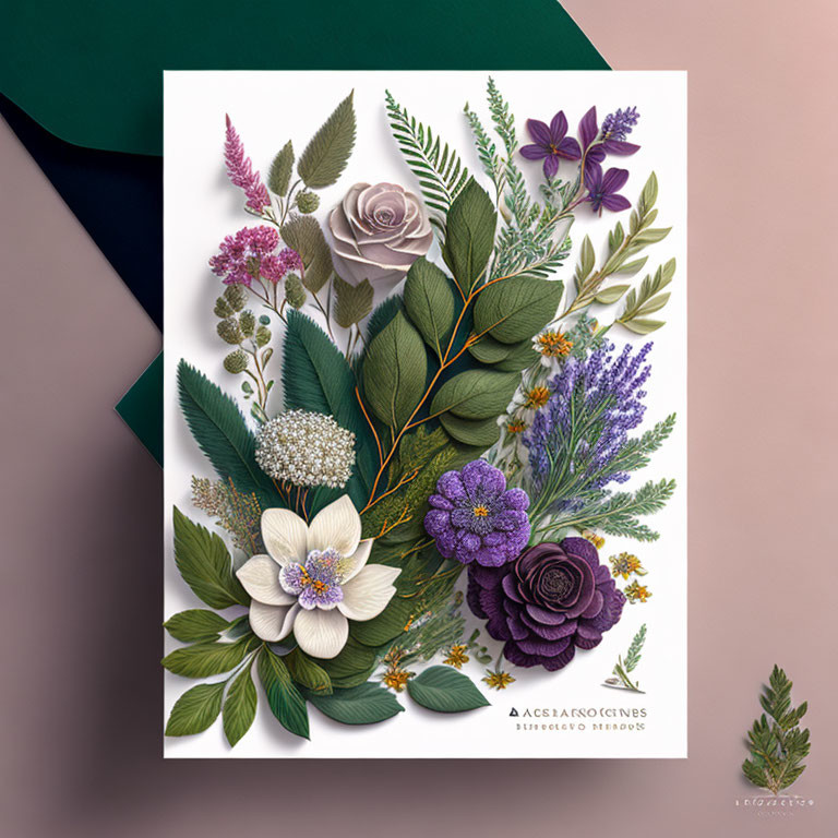 Botanical Illustration: Purple, White, and Green Flowers on White Background