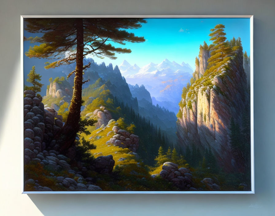 Vivid landscape painting of lush forest, rocky outcrops, and snow-capped mountains