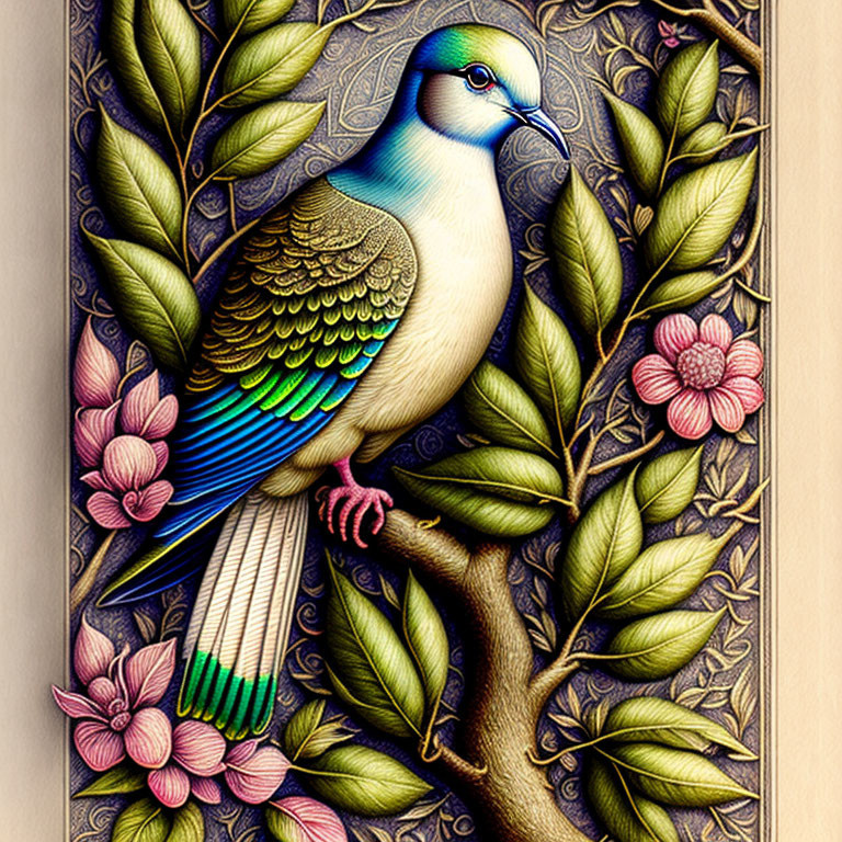 Colorful Bird Illustration with Blue and Green Plumage on Branch among Pink Flowers