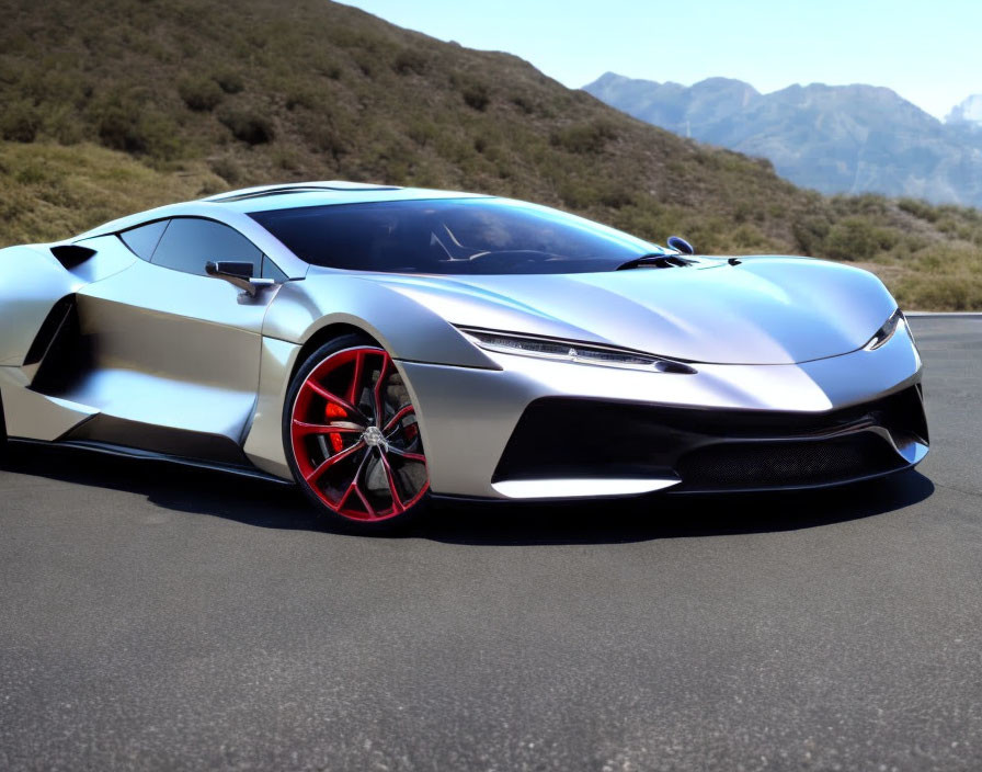 Silver Sports Car with Red-Accented Wheels on Asphalt Road