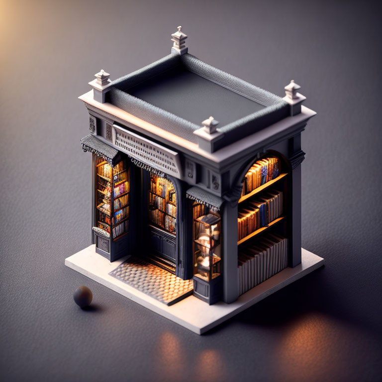 Detailed miniature model of cozy bookshop with lit interiors