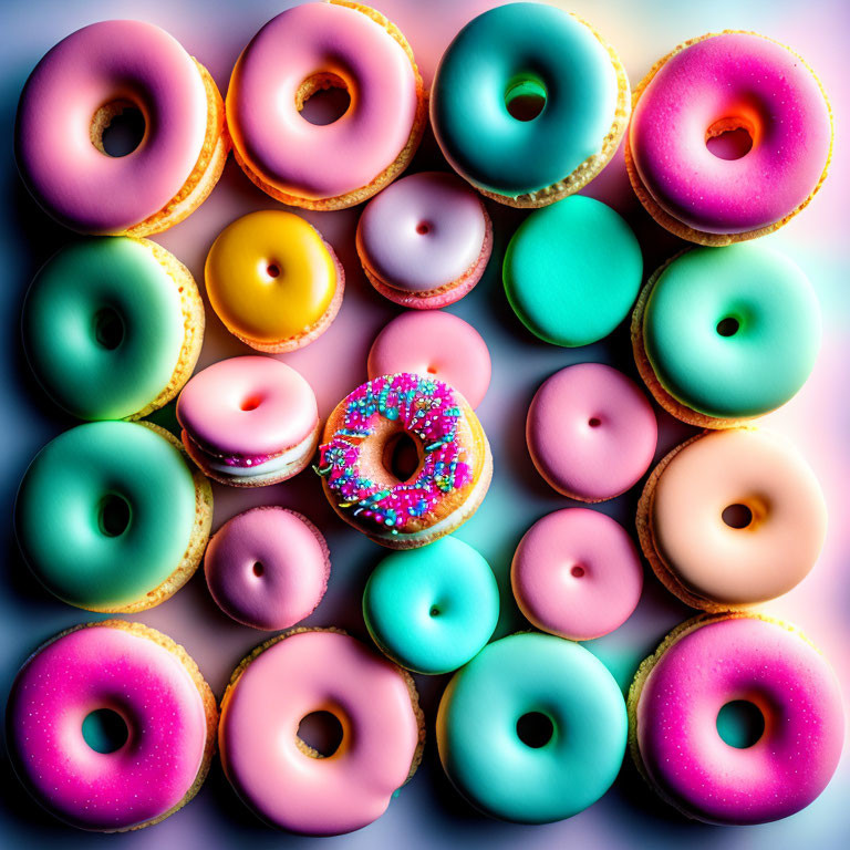 Colorful Assortment of Glossy Iced Donuts on Reflective Surface