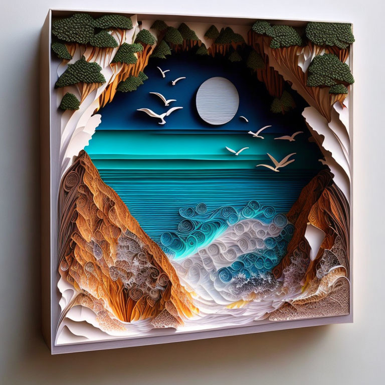 Nature-themed layered paper art with trees, birds, cliffs, waves in circular landscape.