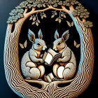 Intricately carved wooden squirrels reading book in circular tree design