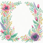 Blue and Pink Floral Arrangement with Golden Leaves and Circular Design on White Background