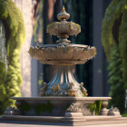 Three-tiered fountain with flowing water and greenery backdrop