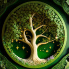 Circular golden tree design on dark green background with ornate branches and leaves.