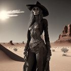 Woman in cowboy hat and attire in desert with rock formations under hazy sky