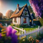 Thatched-Roof Cottage with Blooming Flowers and Greenery at Sunset