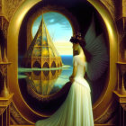 Woman in white dress gazes at ship with golden sails through oval window