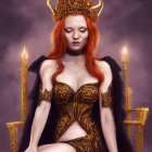 Red-haired woman in gold and black bodice with crown and dark cape, surrounded by candles and bats